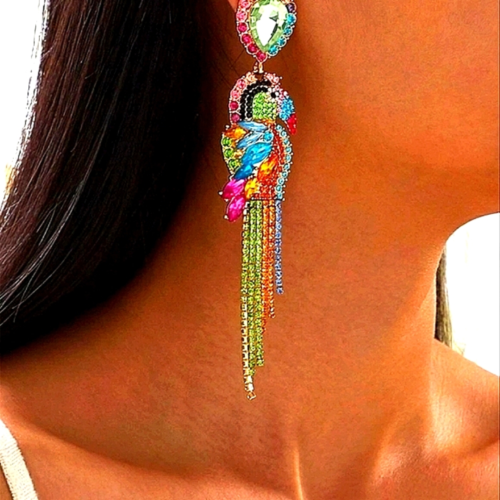 Restocked: "Keat" glamorous colorful parrot bird earrings, multi-colour - Picture 3 of 8